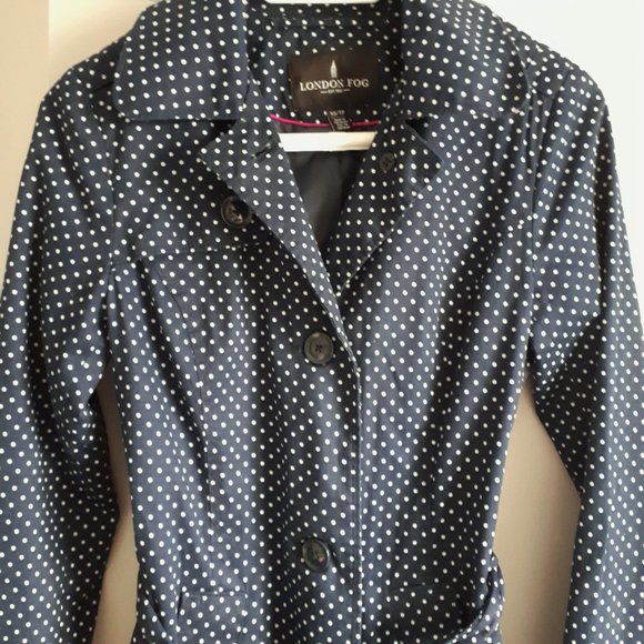London Fog Trench Coat Navy Blue Polka Dot - Picture 7 of 11